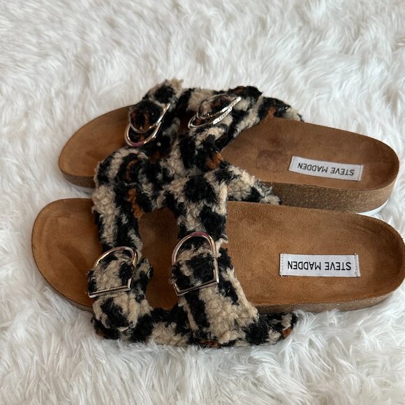 Steve Madden Sandal With Faux Fur Animal Print Upper/Silver Tone Buckles Size 9 - Picture 4 of 9